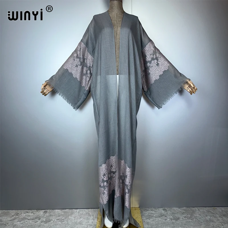 

WINYI kimono Embroidered hollow cardigan beachwear evening dress abaya dubai luxury cover-ups beach outfits women maxi coat