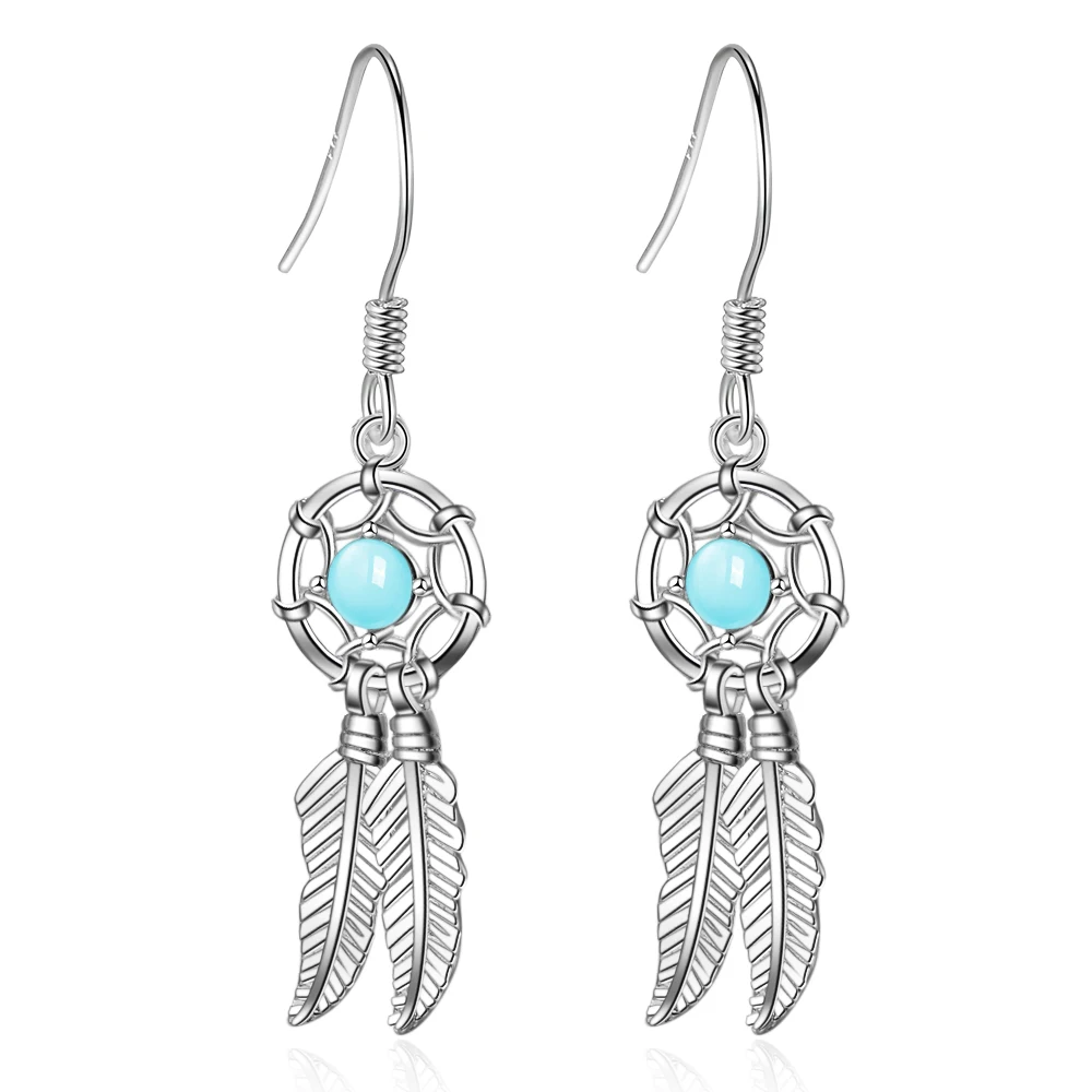 Dream Catcher Feather Tassel Statement Long Silver Color Earrings For Women 2020 Blue Beaded Bohemian Indian Jewelry Gift