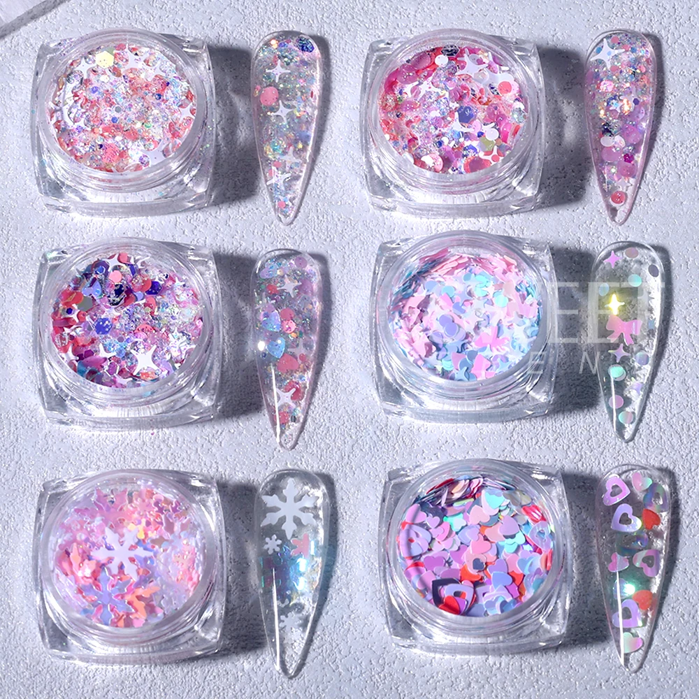 6/12 cajas de lentejuelas con purpurina rosa, mezcla de lentejuelas con forma de estrella y corazón para uñas, escamas holográficas, decoración de manicura para el Día de San Valentín