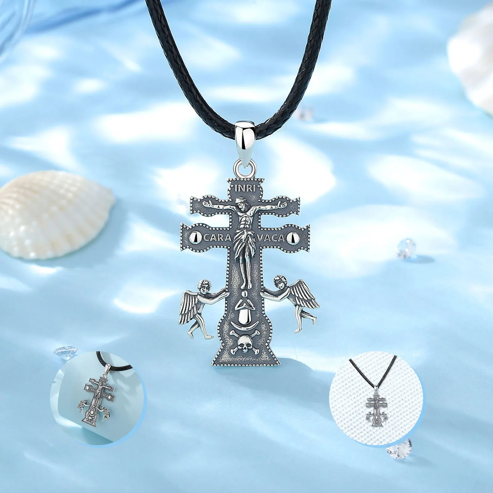 Caravaca Cross Jewelry Eudora 925 Sterling Silver Cross Necklace for Man Woman Angel Christian Personality  Pendant Banquet Gift
