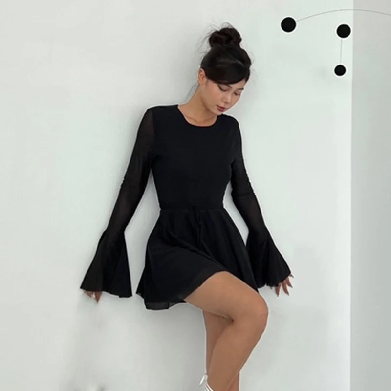 Candyhot-Vestido corto de manga larga con espalda descubierta para mujer, minivestido Sexy Y2K de malla transparente, faldas ajustadas a la cadera para fiesta de graduación, Otoño, 2024