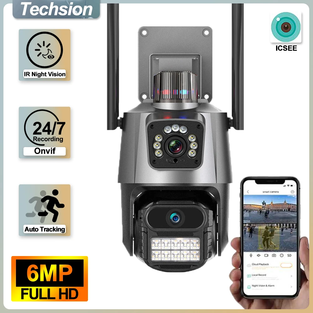 6MP 4MP Wifi Camera Outdoor Dual-Lens Dual-Screens AI Auto Tracking Color Night Vision Onvif PTZ and Fixed-point Linkage Camera