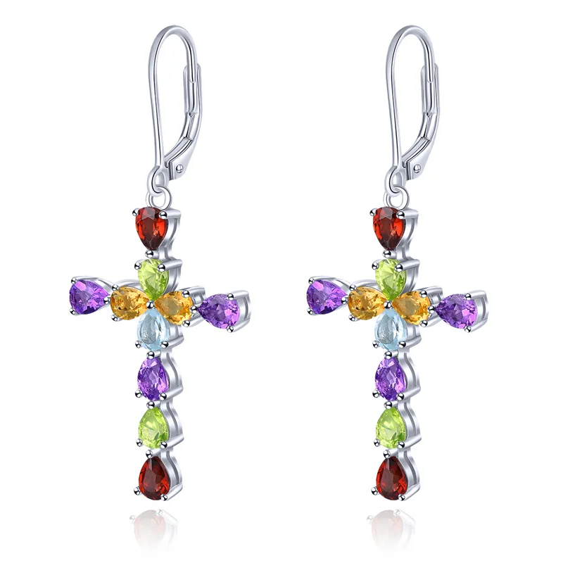 

Natural Multicolor Gemstone Sterling Silver Drop Earrings 3 Carats Genuine Amethyst Garnet Cross Design Women New Year Gifts