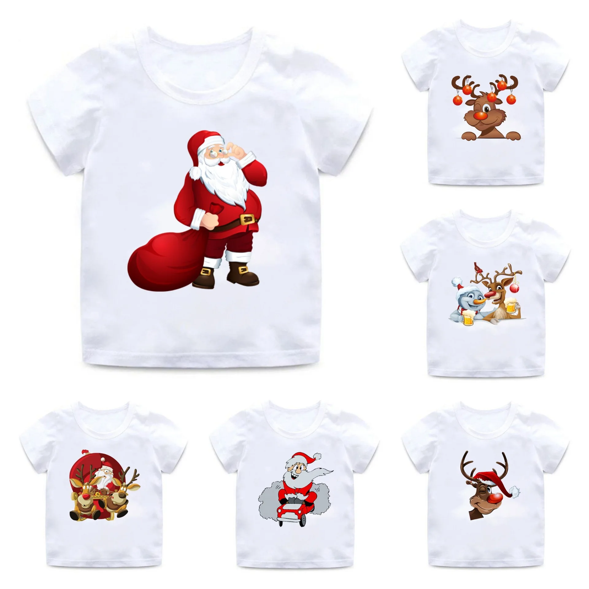 Christmas New Santa Claus Gift Cartoon Printed Boys and Girls Wear White Children's Round Neck T-shirt Short Sleeve Clothes