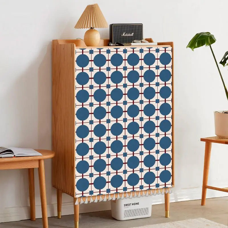 VIKAMA Retro Polka Dot Blue Circle Cabinet Curtain No Drill Magic Tape Self Adhesive Furniture Cover Home Decor