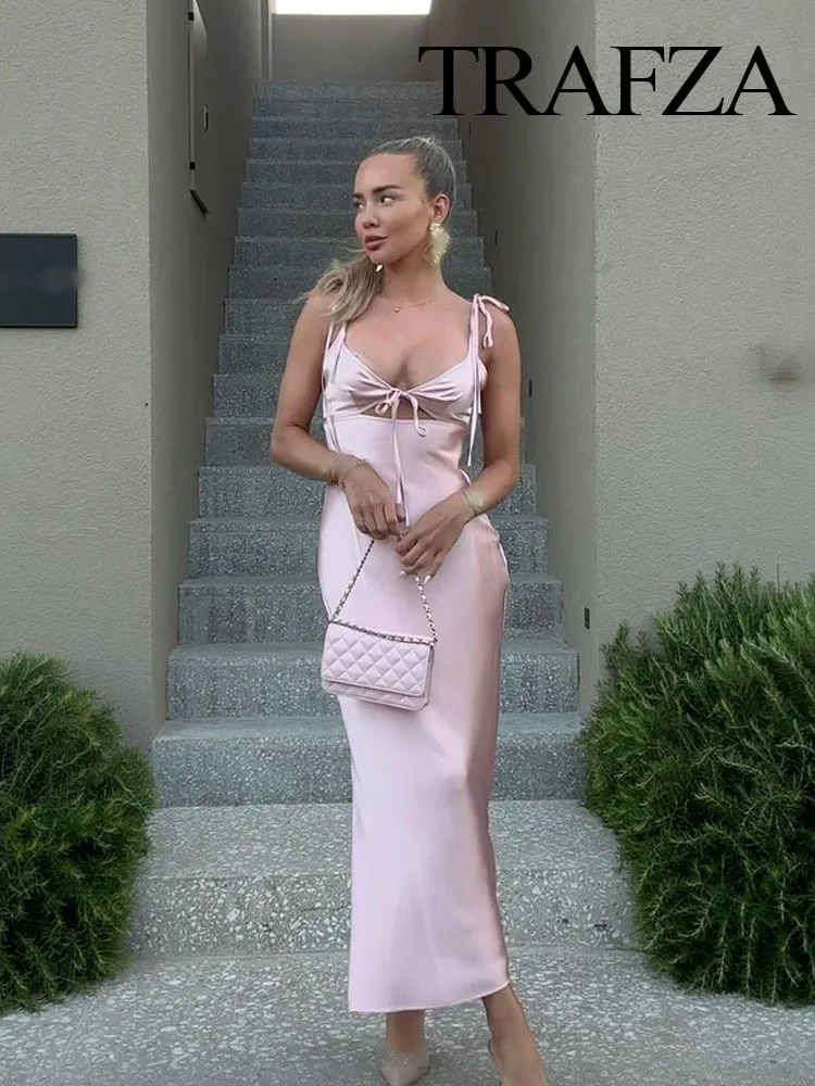 TRAFZA Sexy Hollow Backless Dresses For Women 2024 Solid Pink Sleeveless Silk Satin V-Neck Hollow Backless Elegant Dress TRAF