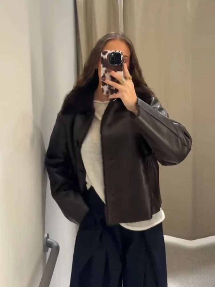 

HH Women Winter Reversible Faux Leather Lapel Single-Breasted Pockets Jacket Female Fashion Long Sleeves Loose Warm Coats