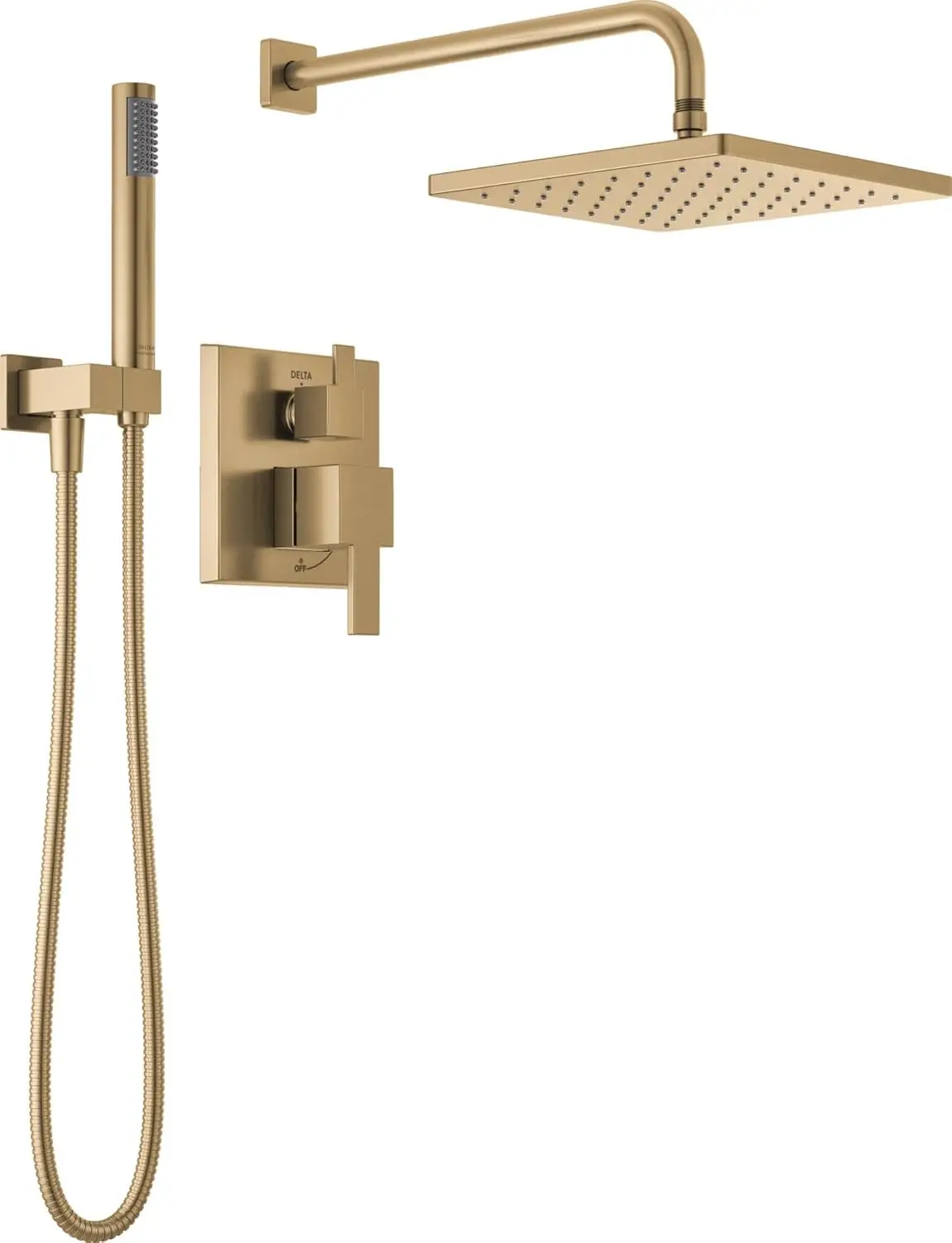 Delta Faucet Modern Raincan 2-Setting Square Shower System Including Rain Shower Head and Handheld Spray Gold