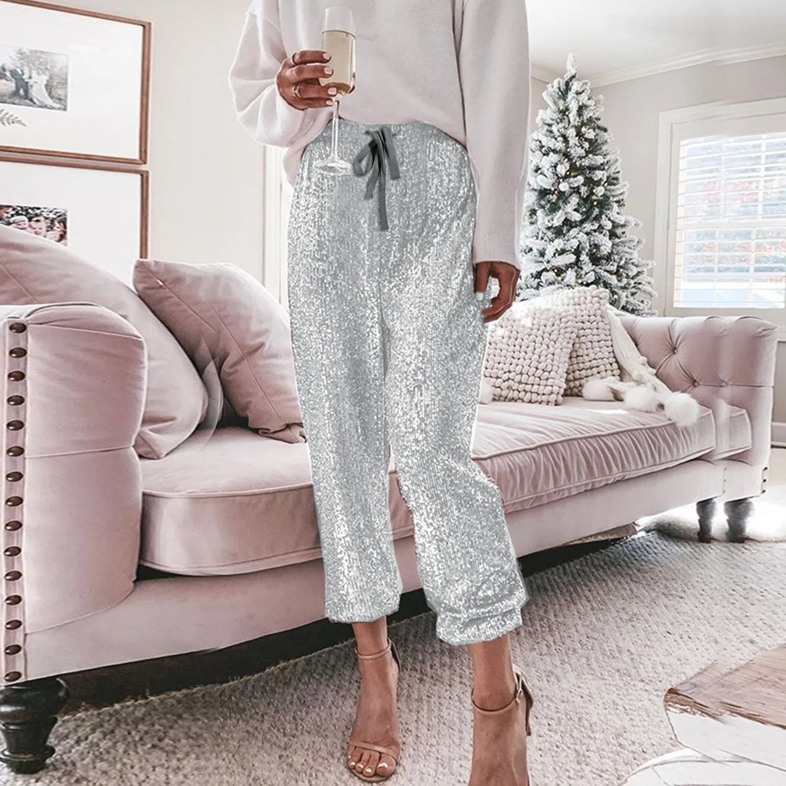 

2024 Women Cloth High Sequin Foot Sexy Pants Fashion Style Waisted Tape Trousers Ruffle Pants Cargo Youthful Aesthetic