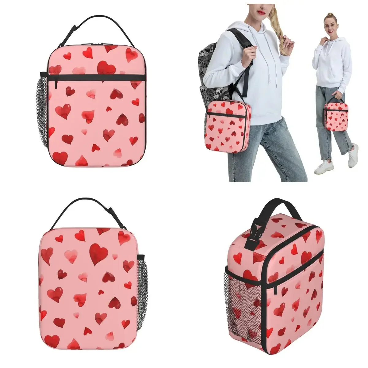 Valentine's Day Hearts Pink Thermal Insulated Lunch Bags for Picnic Portable Food Bag Container Cooler Thermal Lunch Boxes