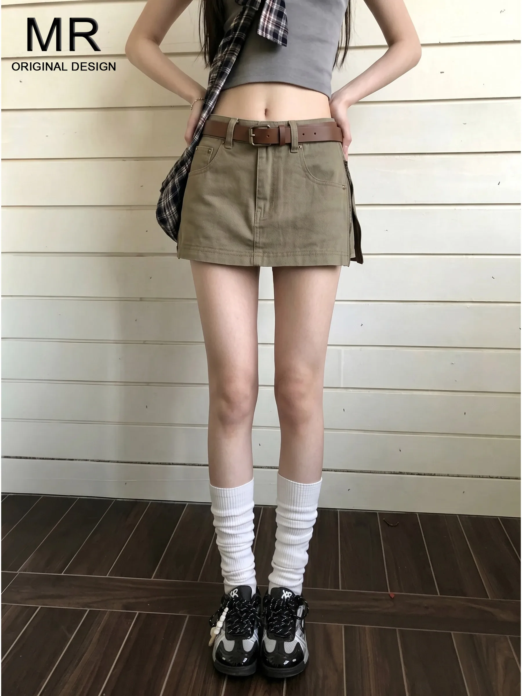 Khaki American High Waist Denim  Skirt Women's New 2026 Summer Side Zipper Design Sensation Bodycon Short Skirt