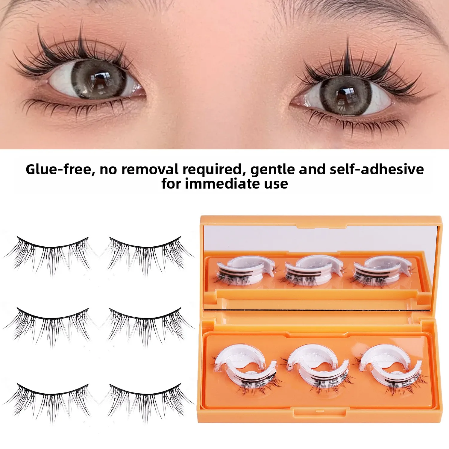 Drie paar zelfklevende valse wimpers met natuurlijke simulatie jelly lijmstrip, valse wimpers zonder lijm zelfklevend