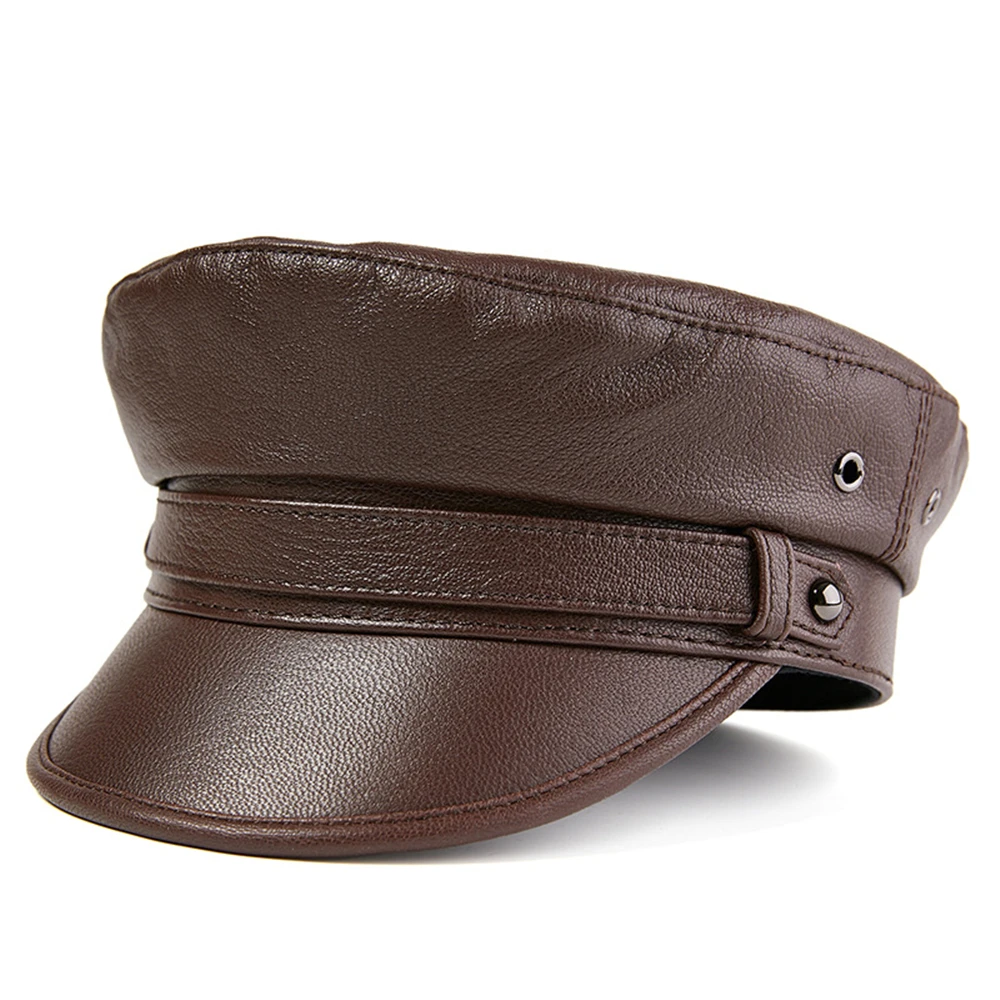 BUTTERMERE Military Hut Männer Frauen Echt Leder Sailor Cap Weiß Schwarz Braun Herbst Winter Männlichen Echtem Leder Militär Kappe