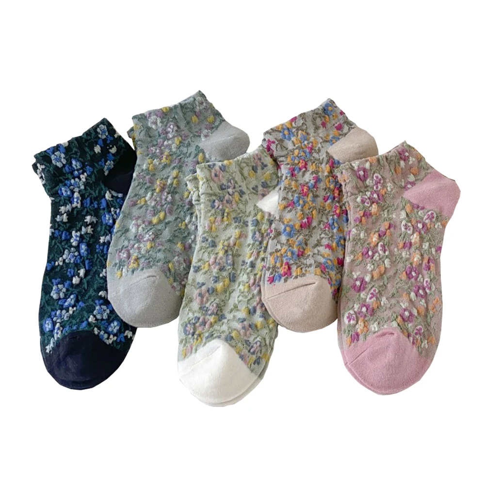 5 Pairs Cute Floral Women Socks Short Spring Summer Soft Comfortable Breathable Low Cut Everyday Socks
