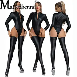 Women Long Sleeve PU Faux Leather Latex Bodysuit + Stocking Sexy High Cut Lingerie Sexy Catsuit One Piece Thong Stage Wear