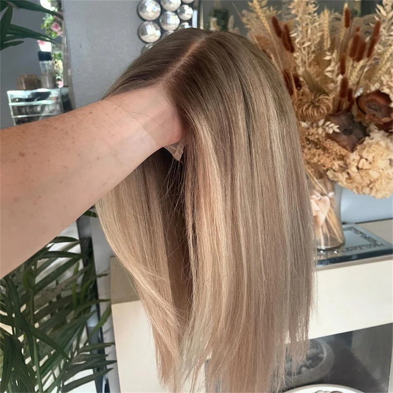 تسليط الضوء على شعر مستعار قصير بوب شعر الإنسان قبل قطعها 13x4 الدانتيل الشفاف شعر مستعار أمامي الرماد شقراء تسليط الضوء على خصلات الشعر المستعار الإنسان الملون