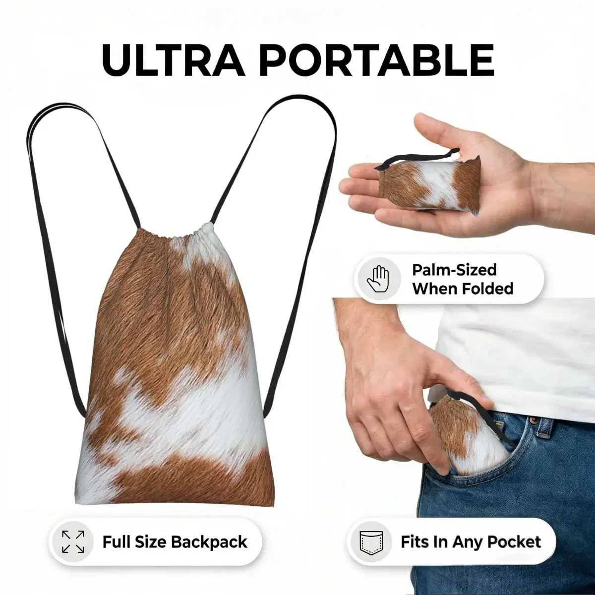 Stylish Cow Fur Cowhide Texture Cow Skin Print Pattern Drawstring Backpack hiking cycling Bag Travel Drawstring Bag Men Women