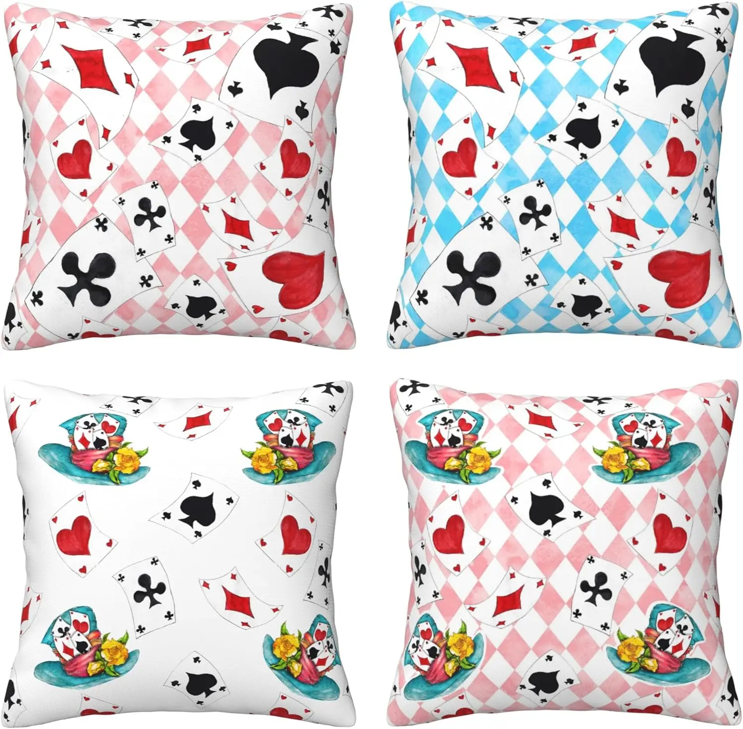 4 Fundas de Almohada de Alicia en el País de las Maravillas, con Diseño de Cartas de Póker y Sombrero del Sombrerero Loco, para Sala de Estar, Sofá, Dormitorio, Decoración del Hogar