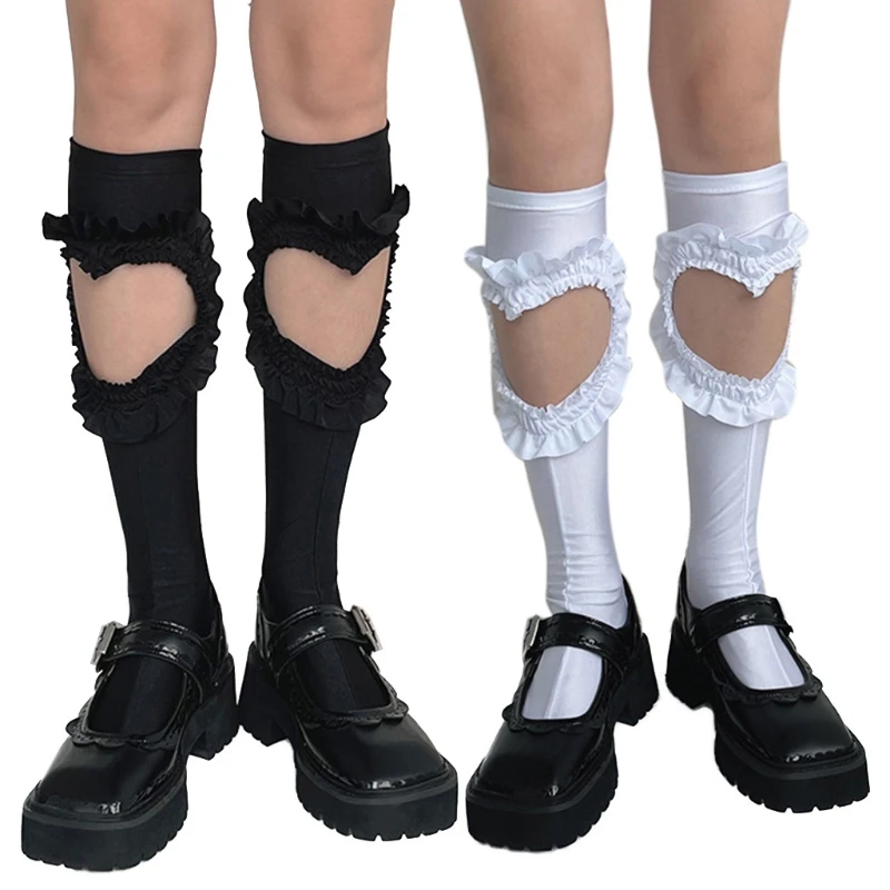 

Women Gothic Hollow Out Love Heart Calf Socks Harajuku Ruffled Patchwork Solid Color Student Knee High Stockings