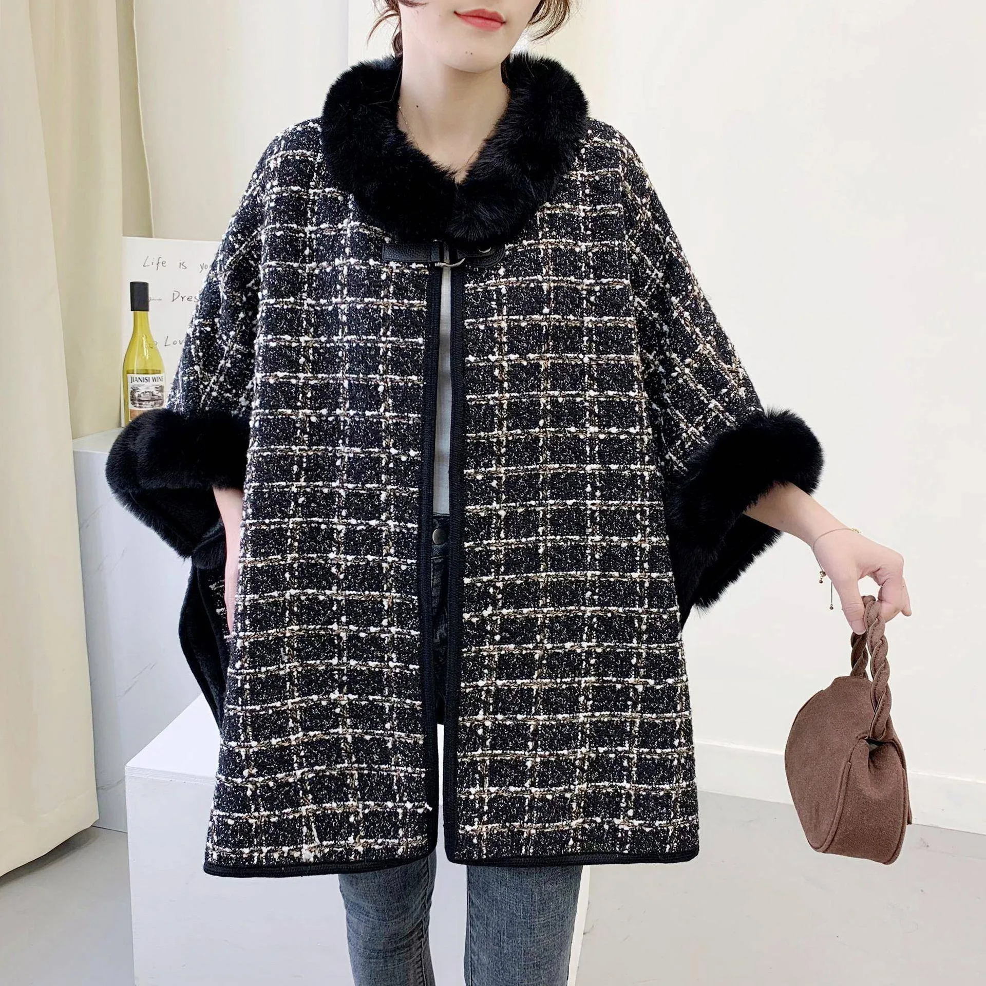 

Fashionable Autumn Winter Plaid Coat Jacket Women's Shoulder Wrap Cowl Neck Knitted Open Cardigan Thickened Loose Coat