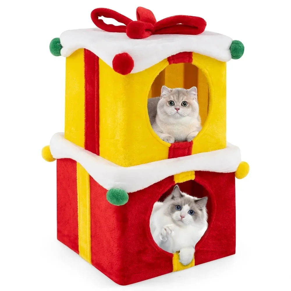 

2-Storey Cute Christmas Cat House w/ Bow 2 Condos Indoor Cat Furniture Modern