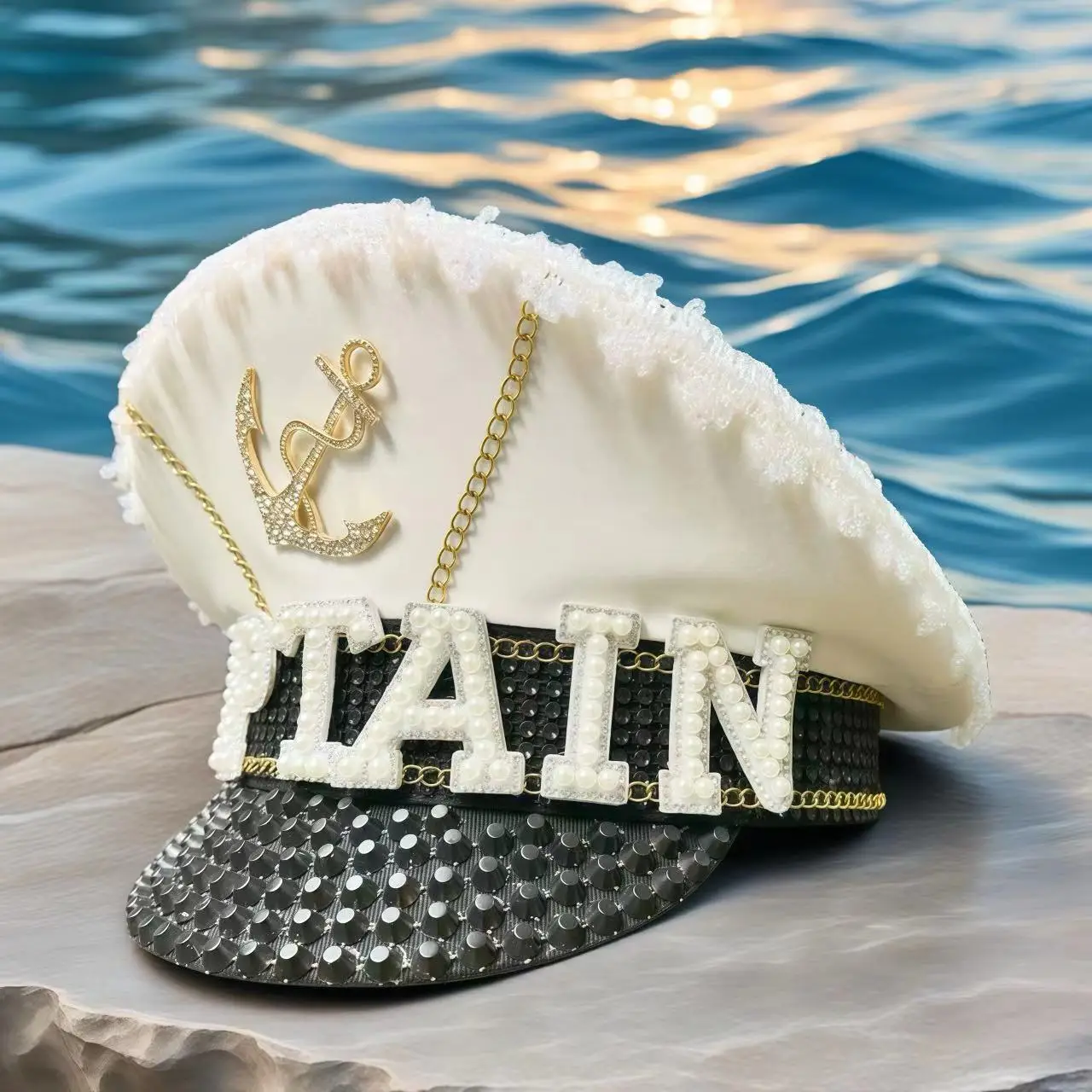 HongLuan White CAPTAIN Hats Rhinestone for Burning Man Festival Woman, Halloween Costume Hat Adult, Cosplay Female Accessories