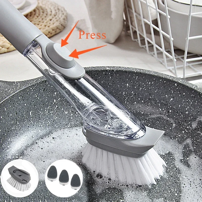 2-in-1 Multifunctional Kitchen Cleaning Brush with Replaceable Heads, Long Handle Hydraulic Pot Pan Scrubber for Dish Washing