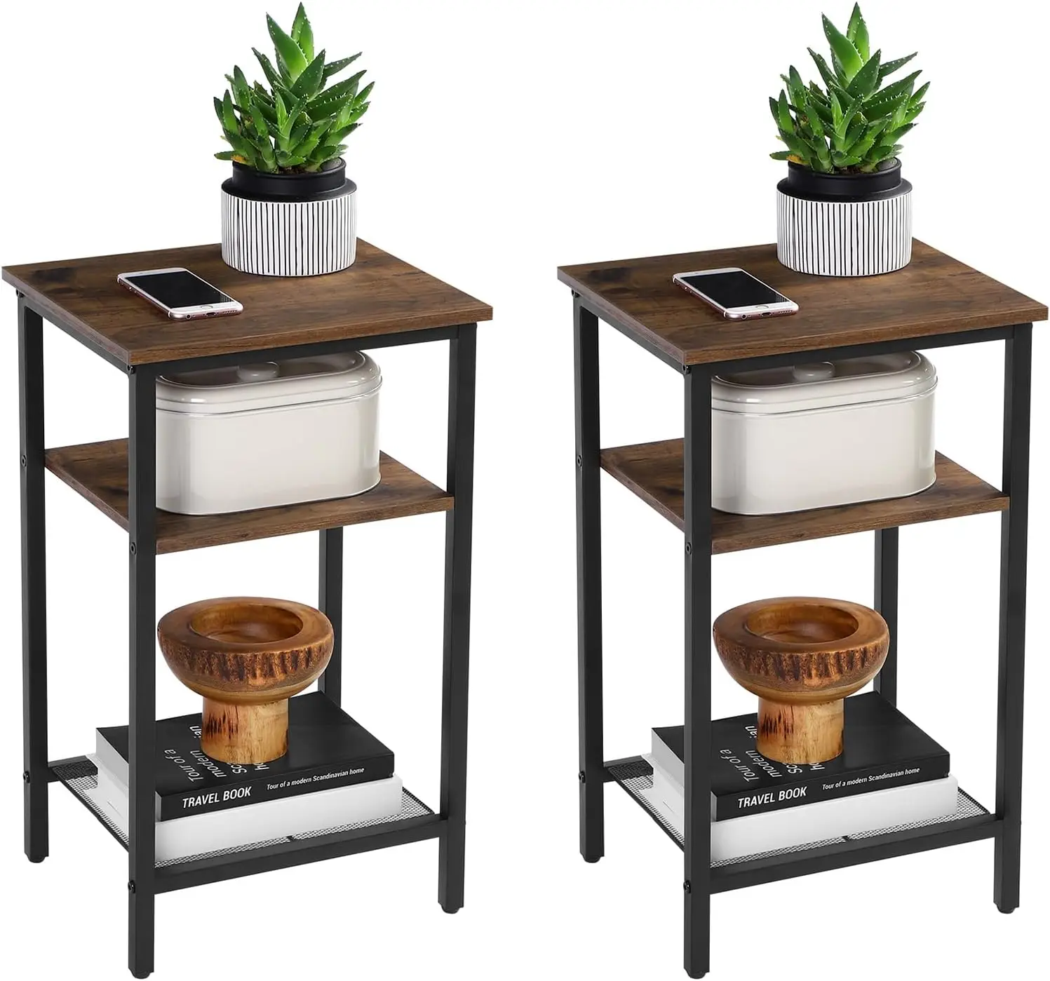 

End Table Set of 2, 3-Tier Nightstands, Side Table for Small Space in Living Room, Bedroom, Steel Frame, Easy Assembly