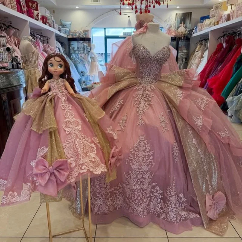 

Shiny Pink Quinceanera Dress off-shoulder crystal glitter Decal Long tail Big Bow Vestidos De 15 Quinceanera ﻿Customize