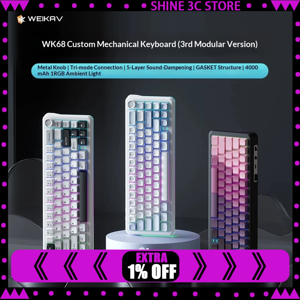 WEIKAV WK68 Wireless Keyboard GASKET Structure Multiple Silencing Gaming Keyboard Three-mode Connection Full Key Hot Plug Gifts