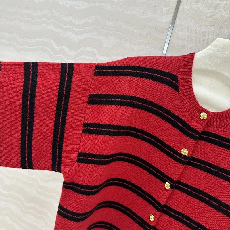 2024AW Fashion Striped Cashmere Knit Woman's Sweater Red Casual Pullover Luxury Brand MIU* Y2k Vintage Women's Clothing