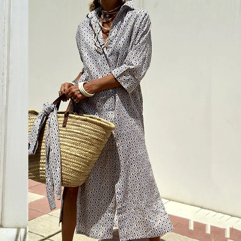 Vestido de camisa de gola virada para baixo feminino, meia manga casual, vestido longo de escritório solto, botão elegante, estampa listrada, vestido de festa, moda