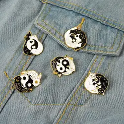 Taichi Animals Enamel Pins Custom Black White Koi Cat Wolf Fox Dragon Brooches Lapel Badges Punk Jewelry Gift for Friends