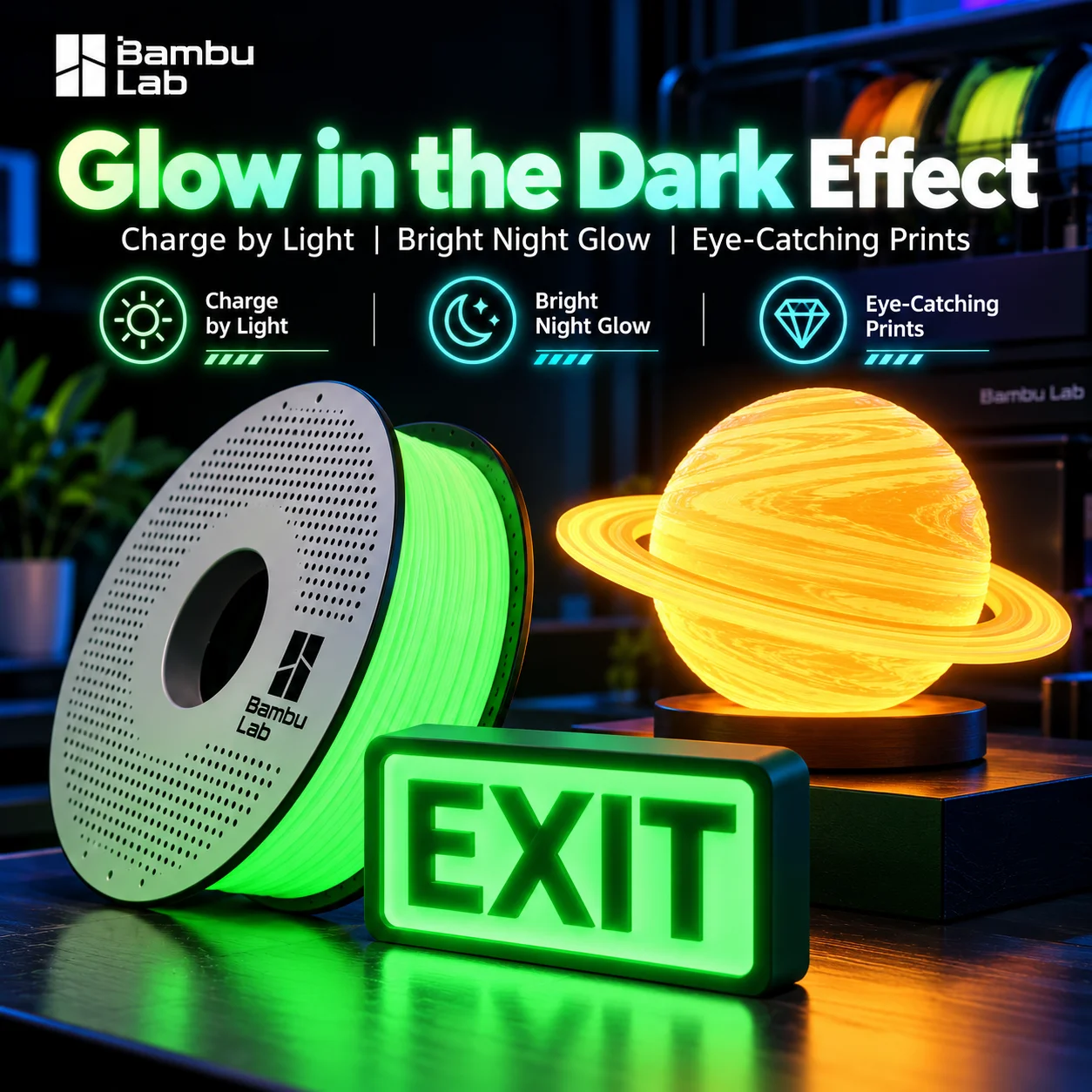 Bambu Lab PLA Glow Filament 1.75mm 1kg Luminous 3D Printer Material RFID AMS Compatible Easy Print for DIY Signs Decor