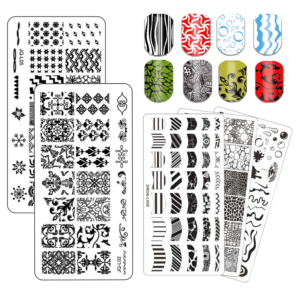 Plaques d'estampage d'ongles en peau d'animal, bricolage, goutte d'eau, Nail Art, modèle de tampon, ligne d'image en dentelle, chat, papillon, pochoir