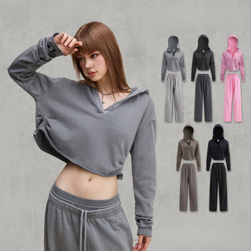 

WESTSHAN Top Quality EU US Size Street Y2K Vintage Tracksuit V-Neck Hooded Sweatshirt and Pants Two-Piece Set