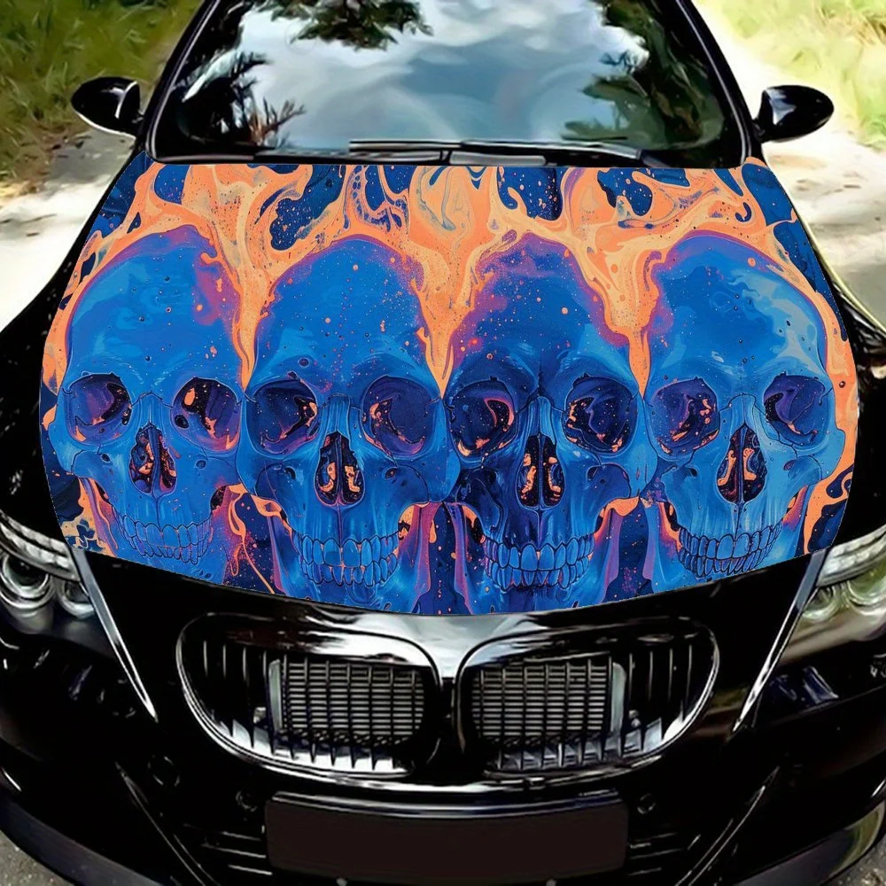 

Four Blue Skull and Flame Car Hood Vinyl Wraps Sticker, Unique and Colorful Skull Design Auto Decal, Waterproof Self-adhesive Ve
