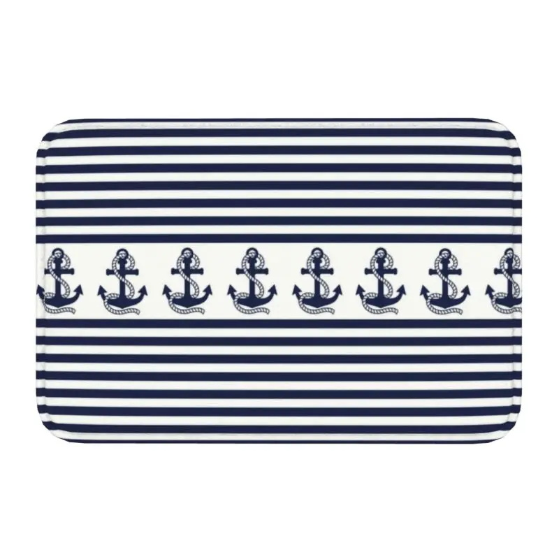 Custom Nautical Stripes With Navy Blue Anchor Doormat Mat Anti-Slip Sailing Sailor Bathroom Kitchen Balcony Rug Carpet 40*60cm