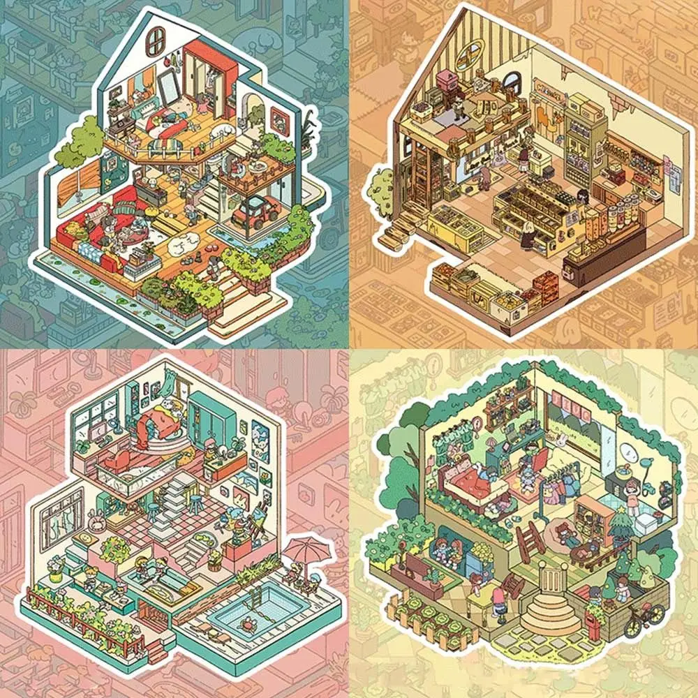 

Square Box Workshop Flip Cover 3.0 Miniature Collection Stickers PET Sticker Paper Cartoon Landscaping Stickers Book DIY