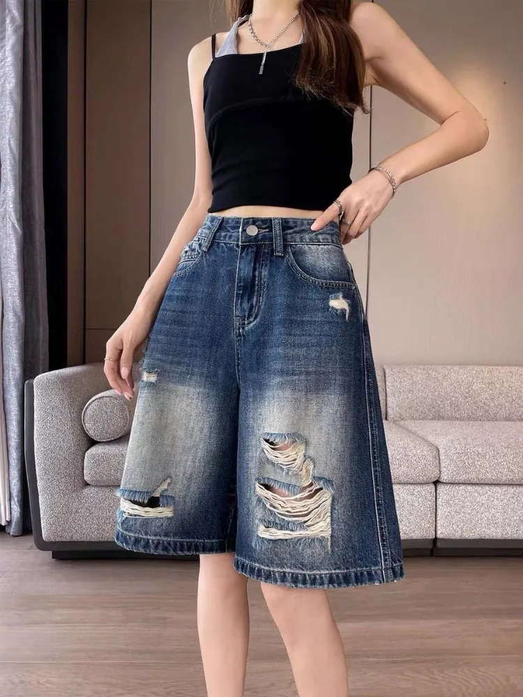 Summer Women's Distressed Wide-leg Denim Shorts Retro Streetwear 90s Girl Knee Length Pants Female High Waist Half Trousers