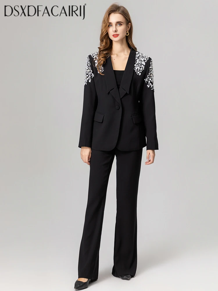 

DSXDFACAIRIJ Женский офисный женский комплект из двух предметов с отложным воротником, длинными рукавами и бисером, куртка на одной пуговице и брюки, осень