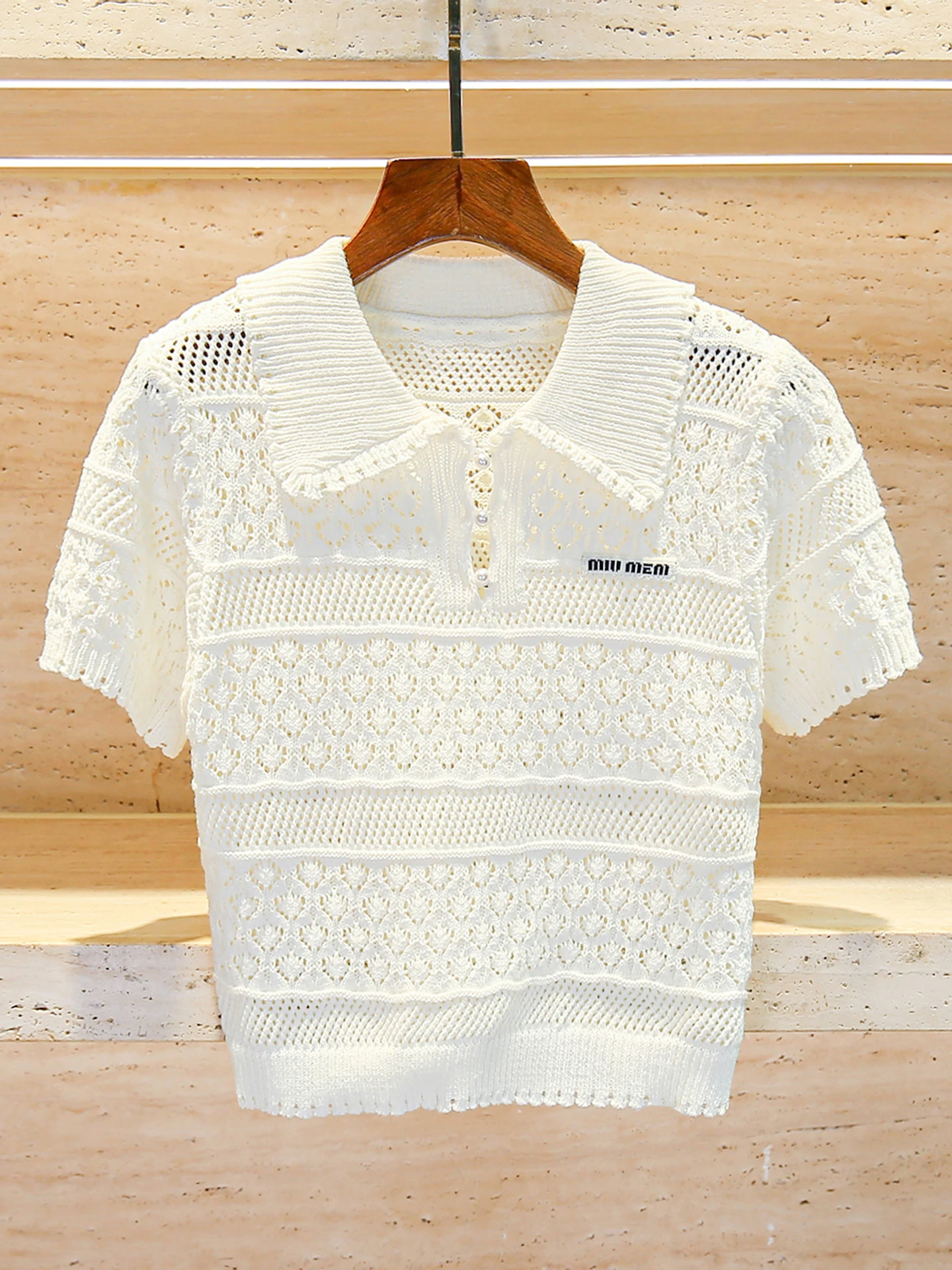 

High-End Women's Summer Knitted Hollow out T-irt Top with f Skirt Set Polyester Fiber ort Sve Turn-down Collar