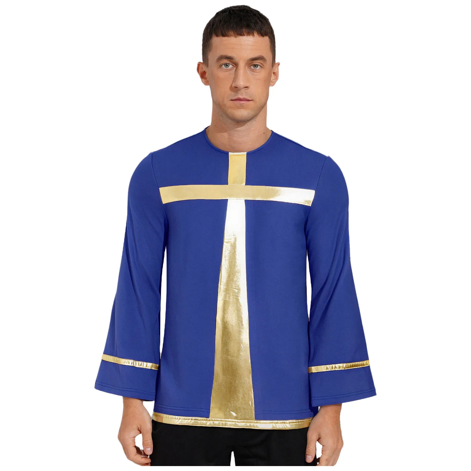 Männer Tanz Liturgische Anbetung Kostüm Metallic Kreuz Langarm Pullover Shirts Tops für Tanz Lob Kirche Chor Leistung