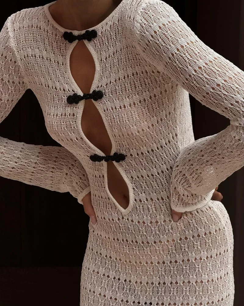 청삼 단추 홀로우 아웃 니트 맥시 드레스 여성 섹시 레이스업 백리스 스플릿 클럽 파티 롱 로브 홀리데이 비치 커버업