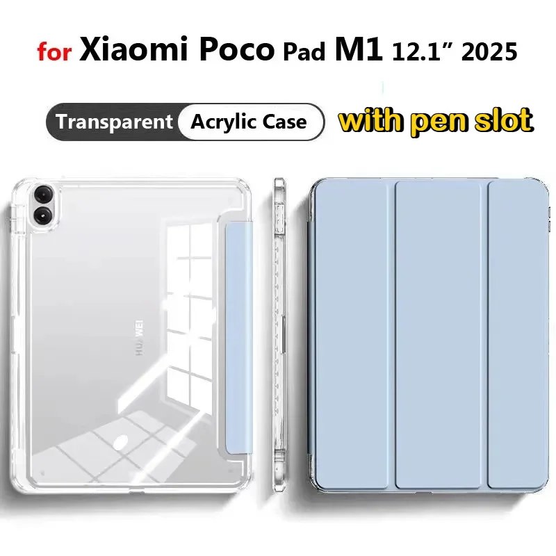 2026 Acrylic Clear Crystal Case for Xiaomi Poco Pad M1 12.1 X1 Redmi Pad 2 Pro SE11 2025 Leather Tri-Folding Stand Protect Cover