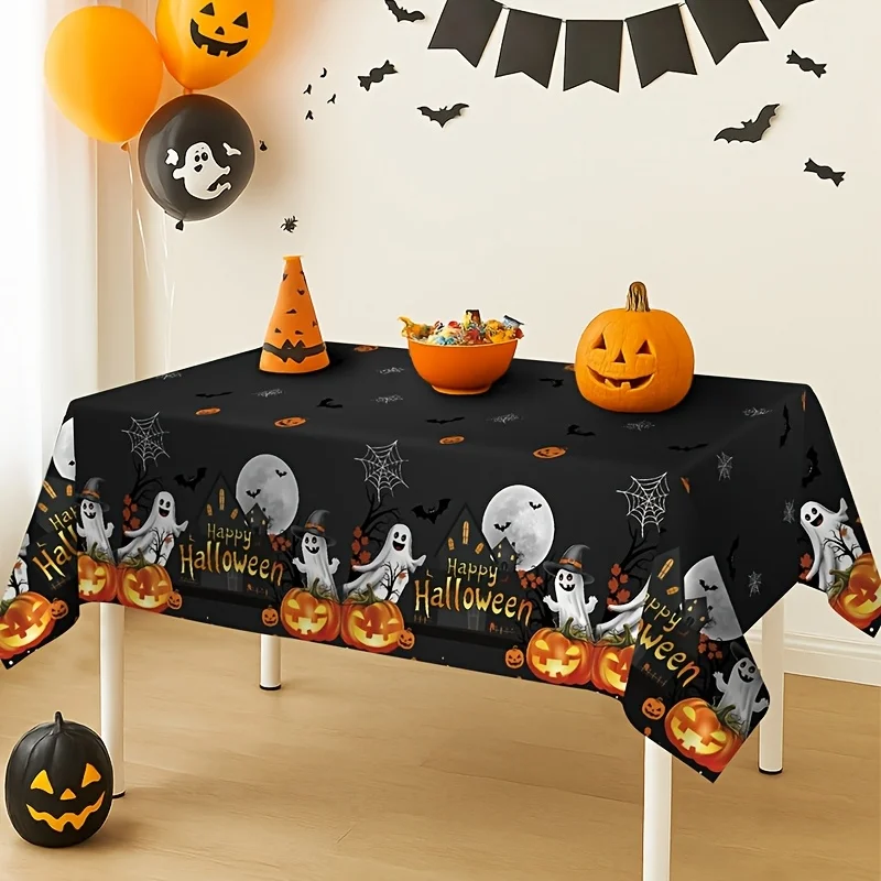 1pc, Halloween Pumpkin Ghost Tablecloth, 86.61 X 51.18inch, Happy Halloween Disposable PE Tablecover, Happy Halloween Decoration