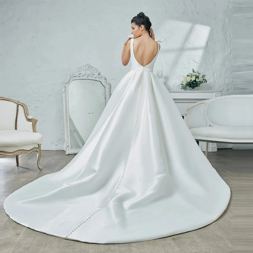 Boho Wedding Dresses ball gown Sleeveless V-neck Vestido De Noiva Elegant Bridal Gown Open Backless bow custom size