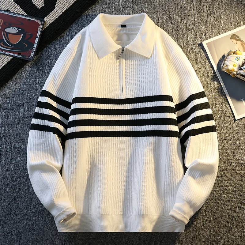 

Men Sweater Quarter Zip Collar Pullover Striped Knitwear Loose Fit Casual Teenager Streetwear Fashion Basic Men Sweatercoat