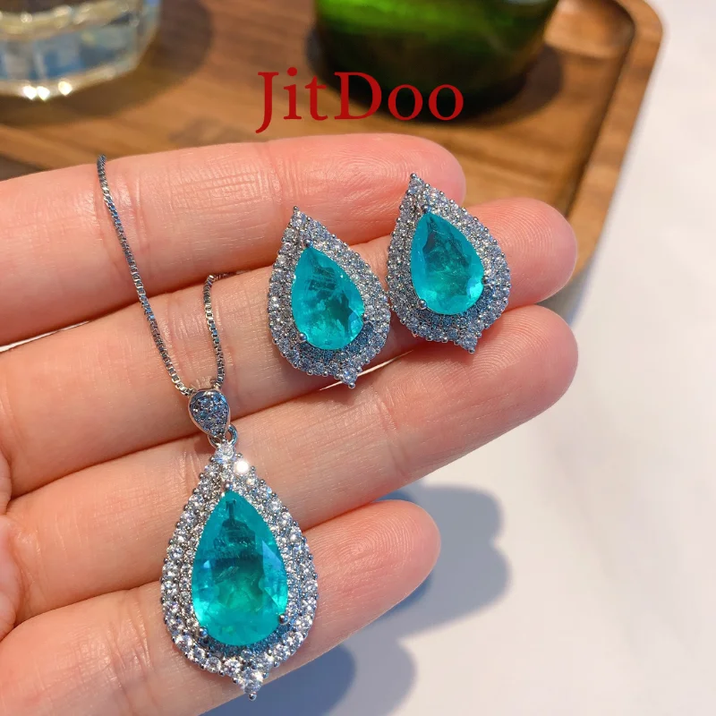 

JitDoo винтажные украшения для женщин Lab Paraiba циркон в форме капли воды серьги для свадебной вечеринки кулон ожерелье подарок на годовщину