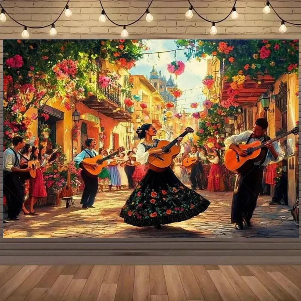 خلفية كرنفال إسبانية لتزيين الحفلات، موكب المسابقة، الراقصات، عازفي الجيتار، لوازم خلفية لافتة دعائم التقاط الصور #3